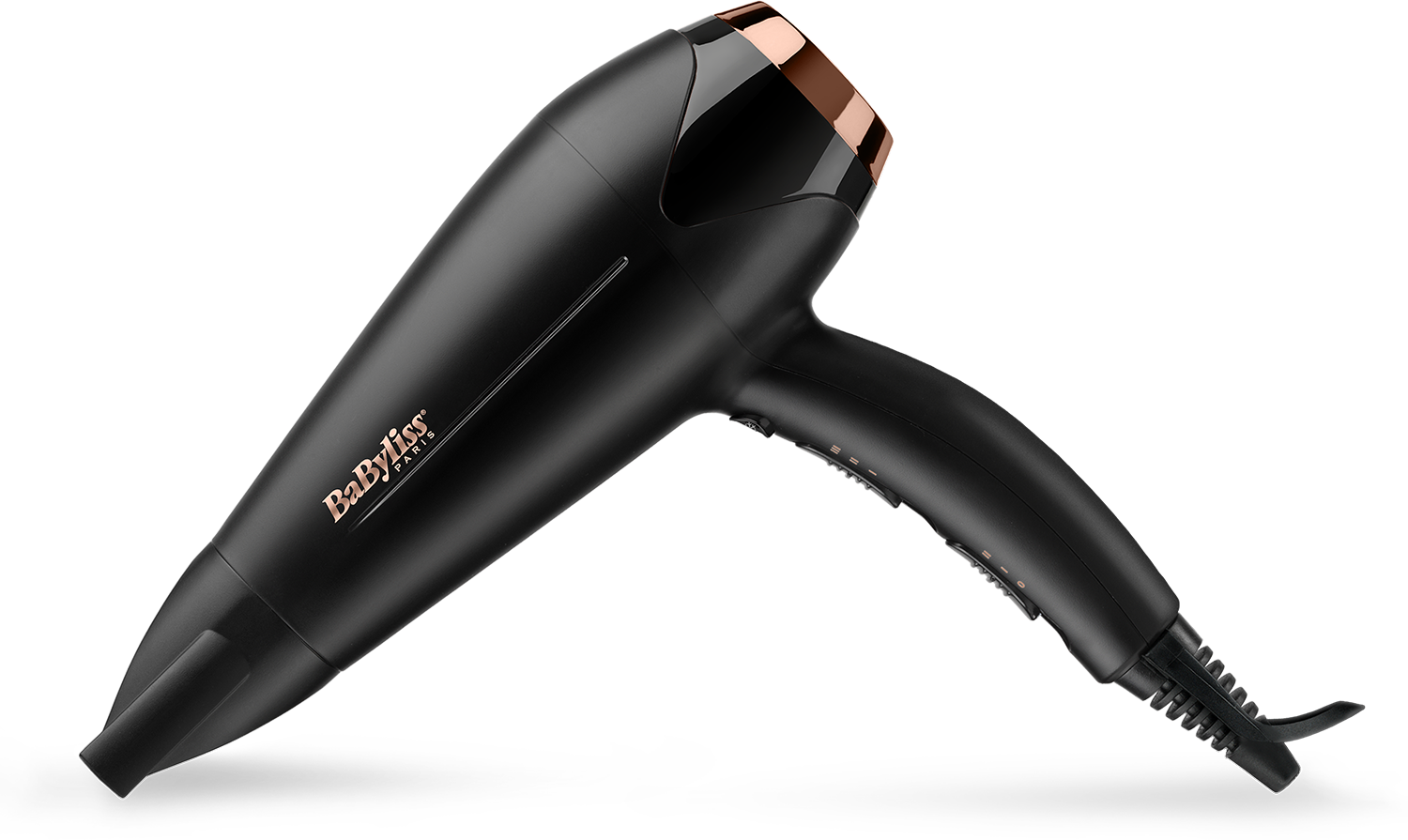 Black hair dryer with copper details. It has a long nozzle and a handle with buttons.