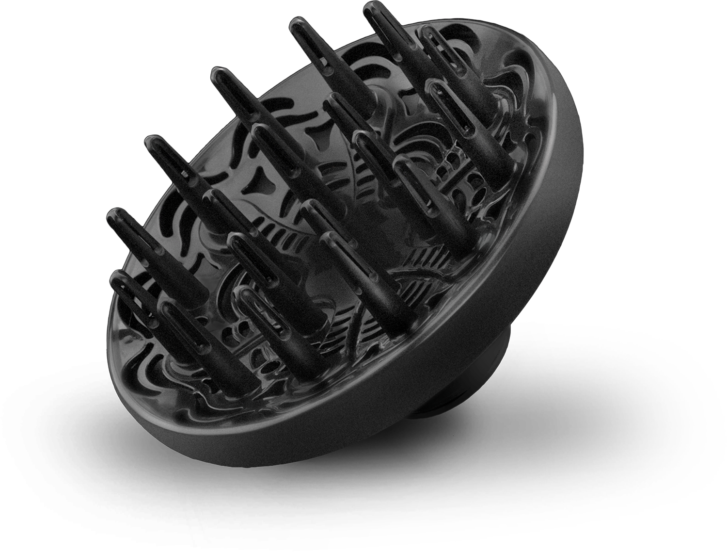 Black hair dryer diffuser with many spikes. Black background.