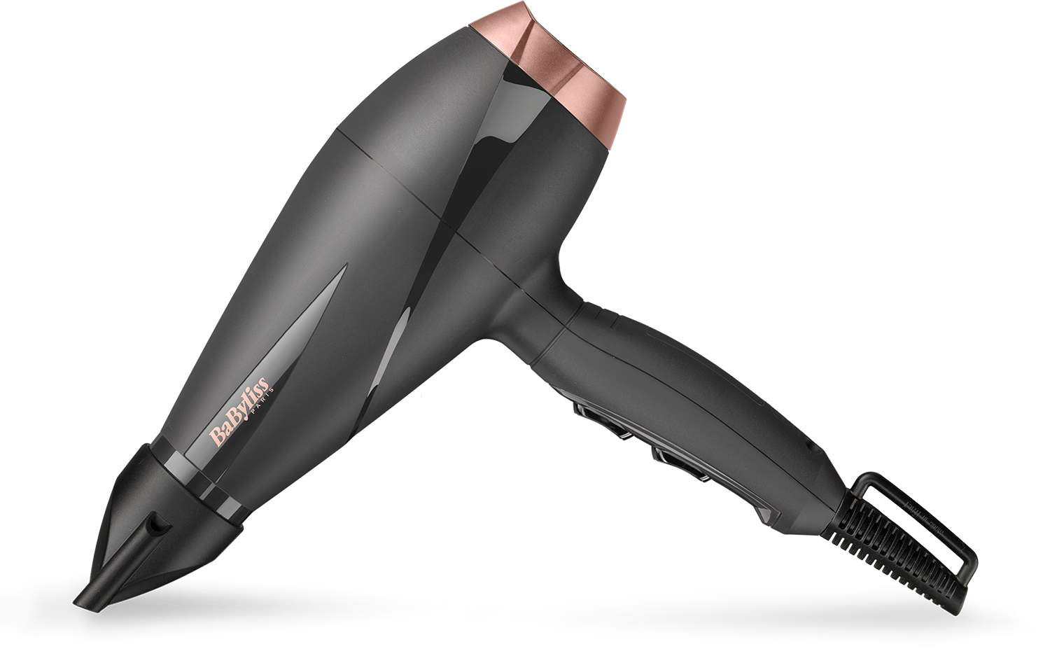 Zwarte en roségouden haardroger, onder een hoek, met Babyliss-logo.