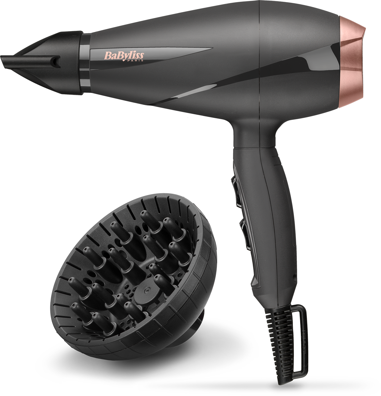 Een zwarte Babyliss föhn met een roségouden mondstuk en een losse zwarte diffuser.