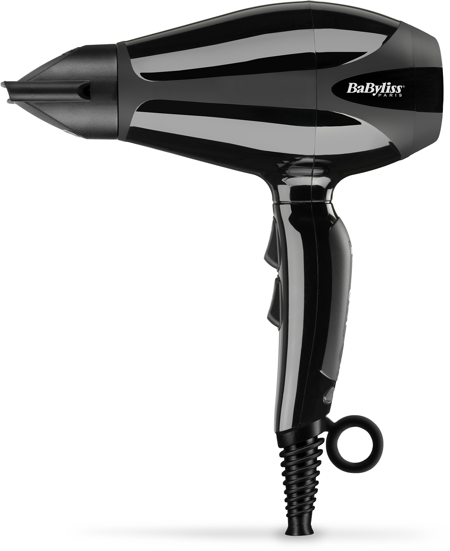 Black hair dryer with a nozzle and hanging loop. It has a Babyliss logo.