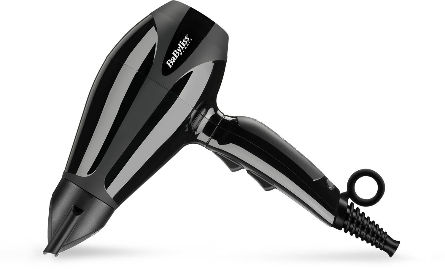 A black hair dryer with a black handle, and a silver design on the side.