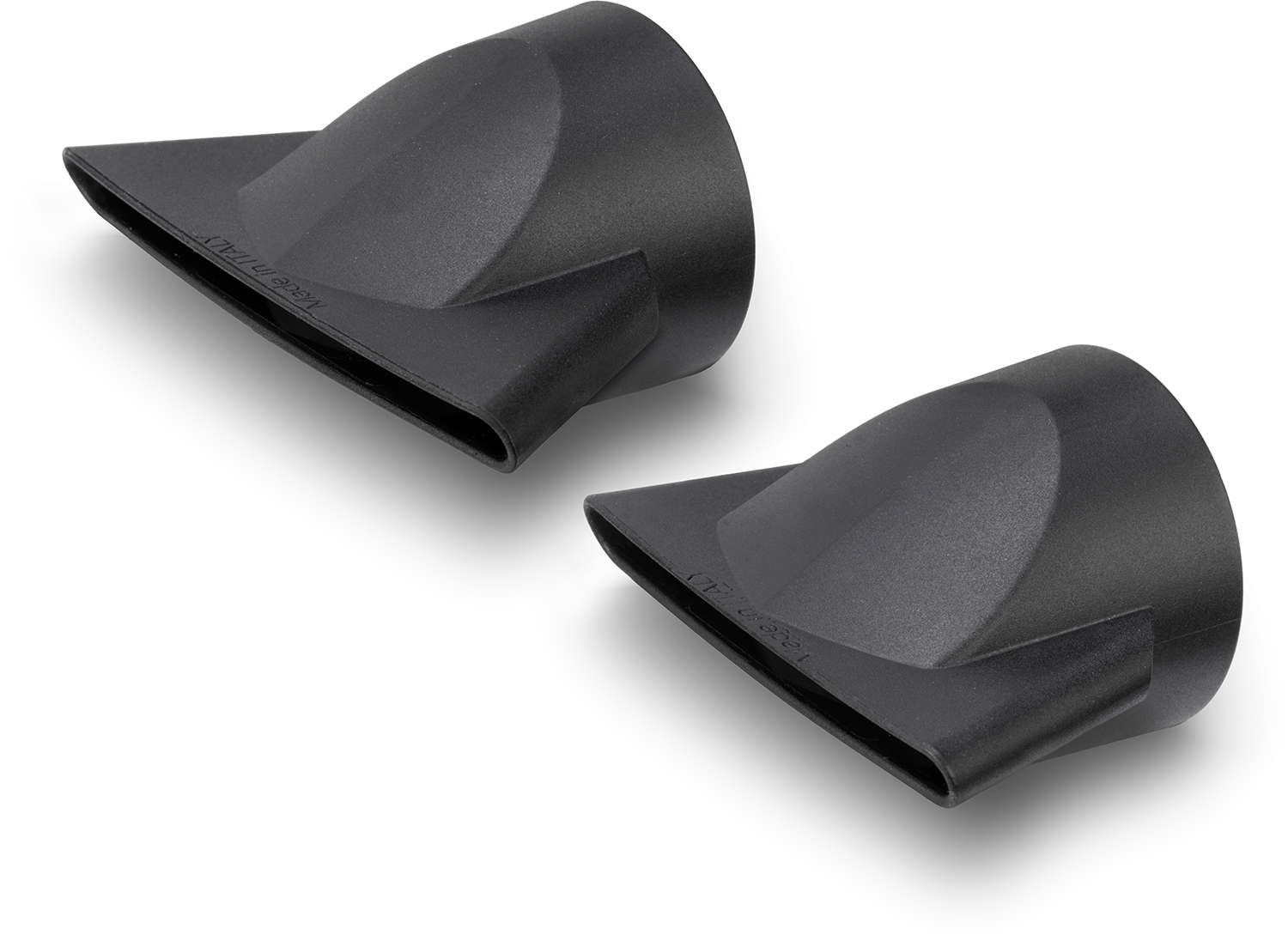 Two black hair dryer nozzles, white background, made in Italy.
