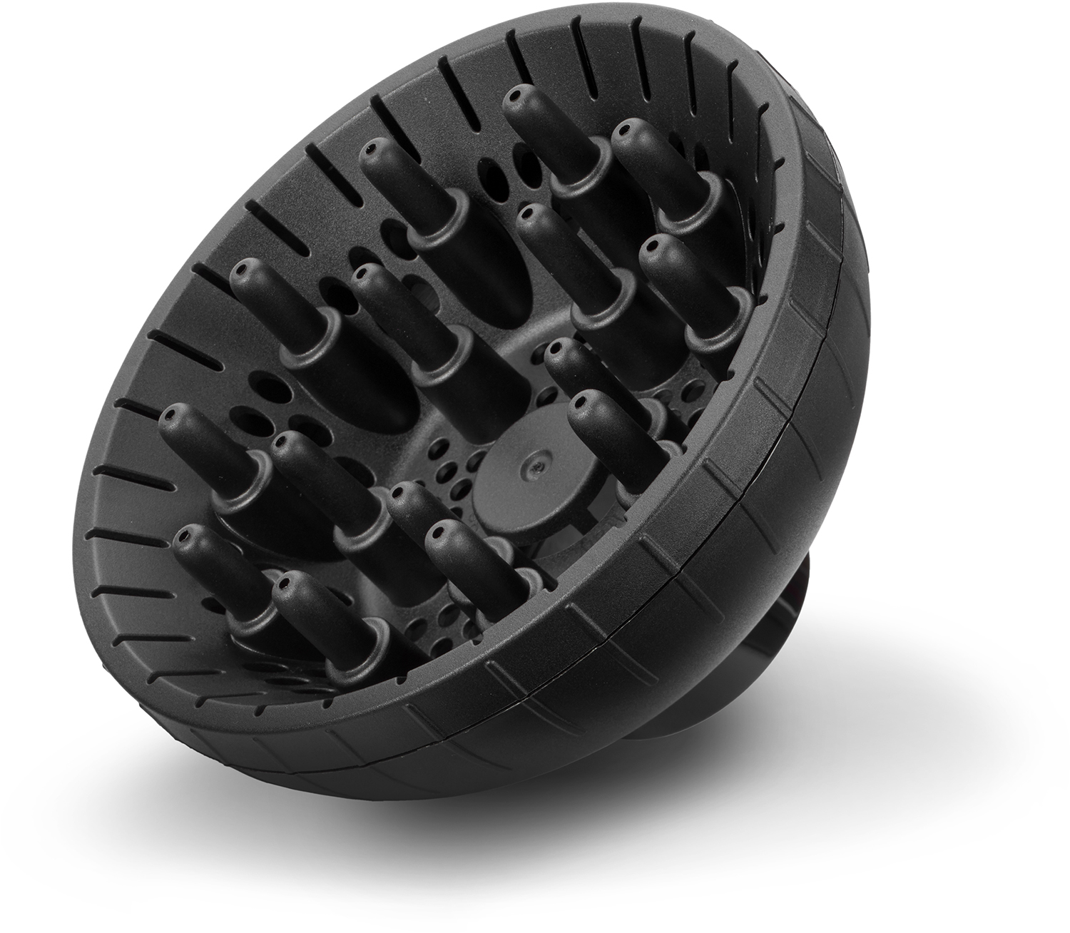 Black hair dryer diffuser with multiple nozzles, viewed from an angle on a white surface.