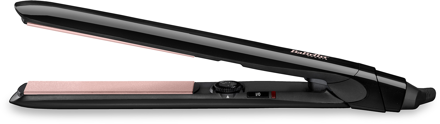 Black and rose gold hair straightener. Shows on/off switch and temperature settings.