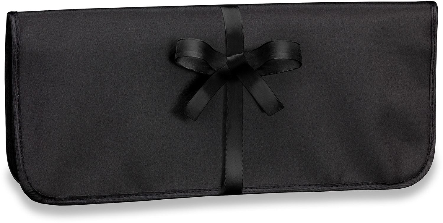 Black satin pouch with a ribbon bow closure.