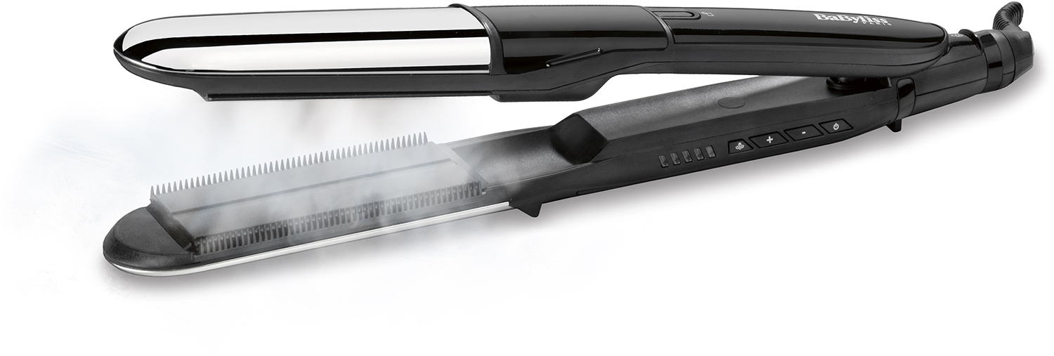 A black hair straightener with steam emitting from the plates.