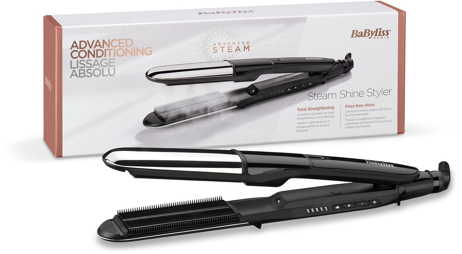 Babyliss hair straightener box and styler with steam, black and silver design.