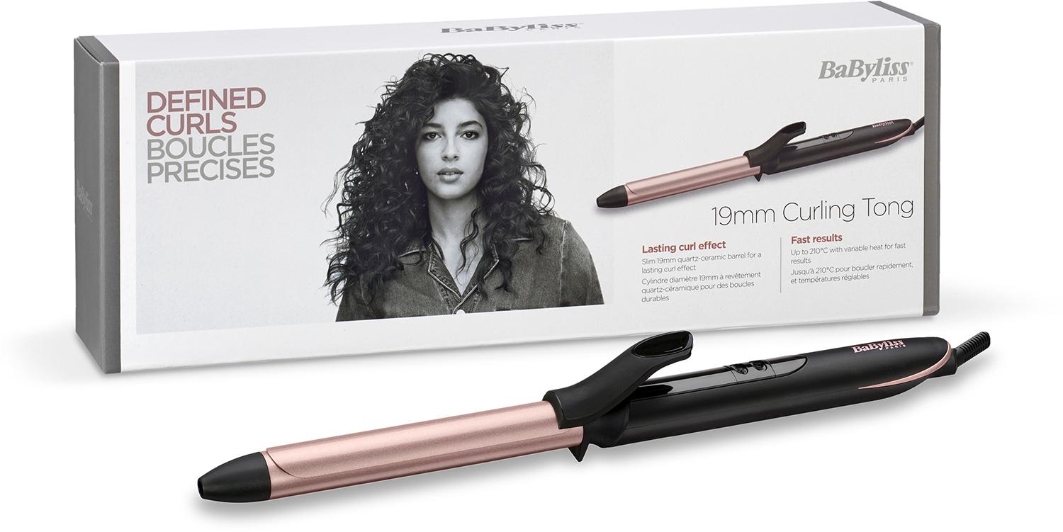Box with curling iron and woman's image. The iron is black and rose gold.