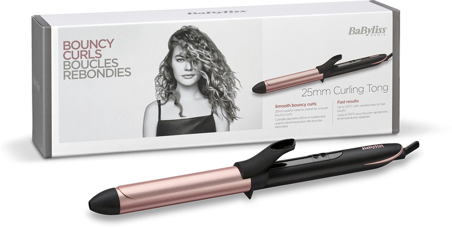 Hair curling iron, box with woman's image and text.