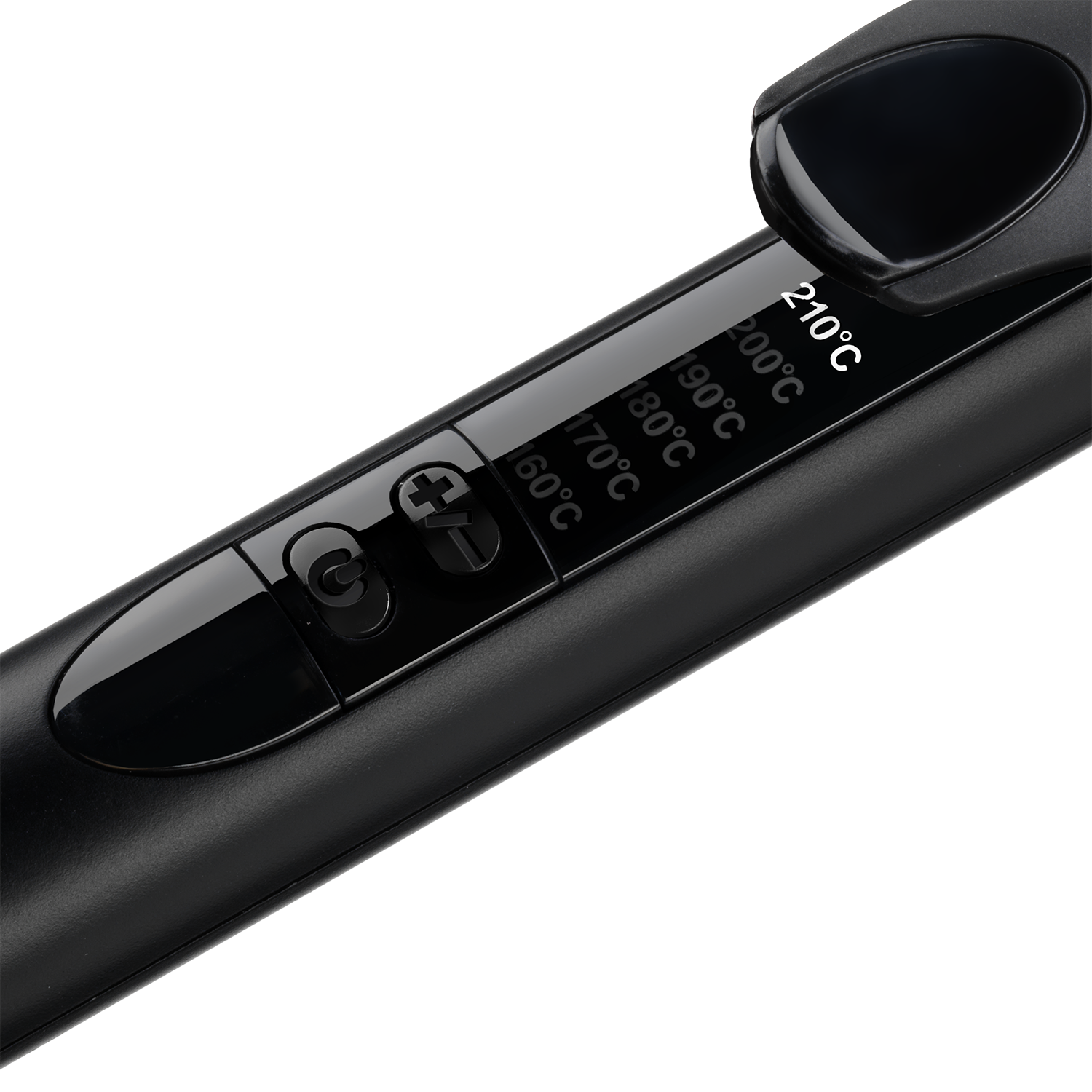 Black hair straightener with temperature settings, showing 210°C, black background.
