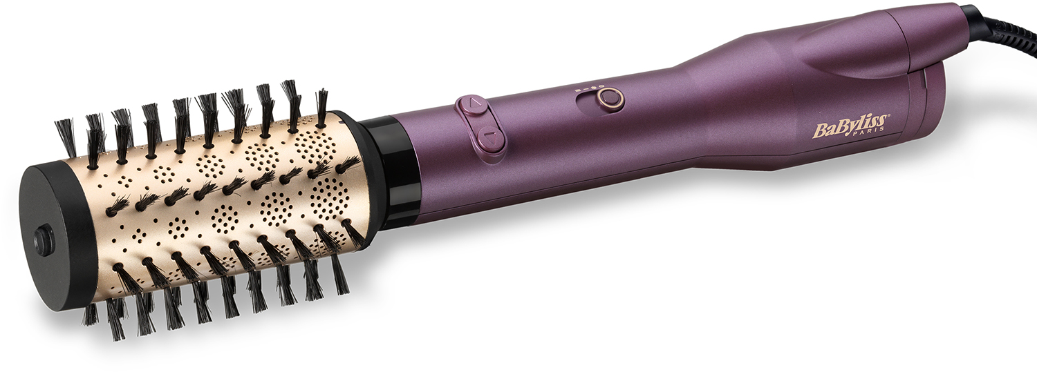Purple BaByliss hair styler. Round brush head, black bristles. White background.