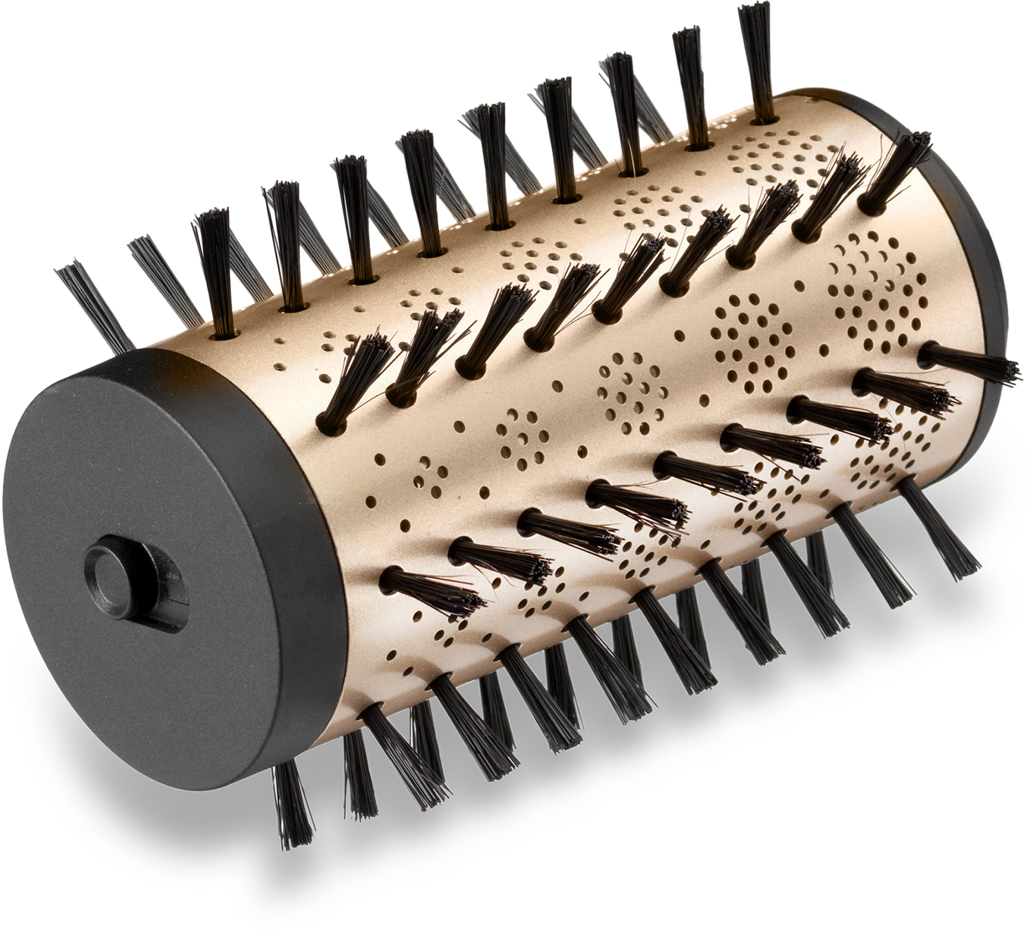 A round hairbrush with black bristles and a rose gold and black barrel with holes.