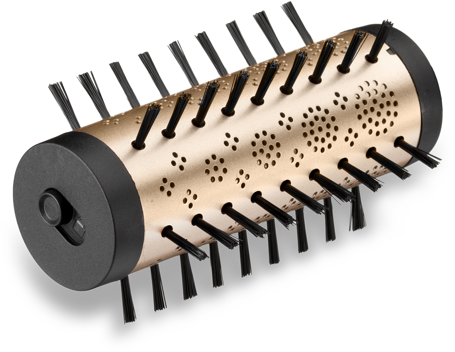 A hair styling brush with a golden barrel and black bristles.