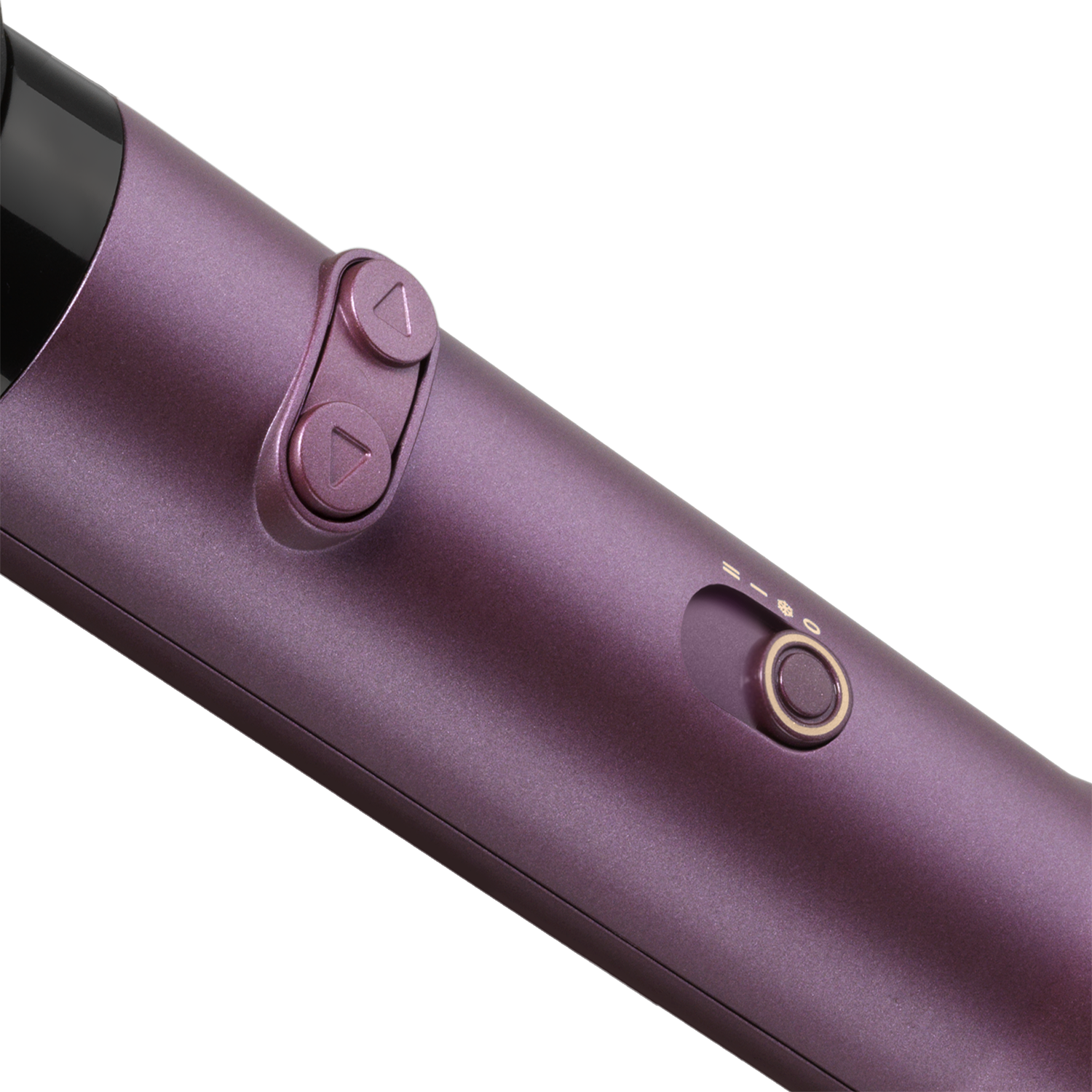 Close-up of a purple hair curler with control buttons and a temperature dial.