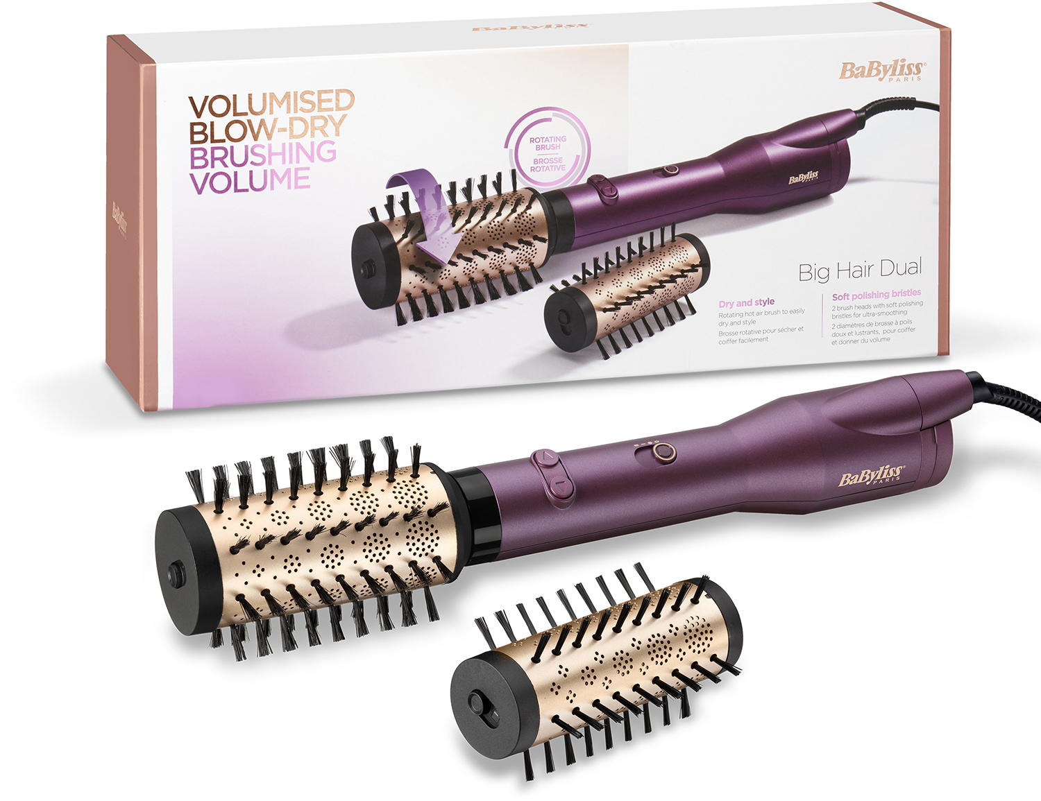 A hair styler with two brush attachments and a box with 'VOLUMISED BLOW-DRY BRUSHING VOLUME'.