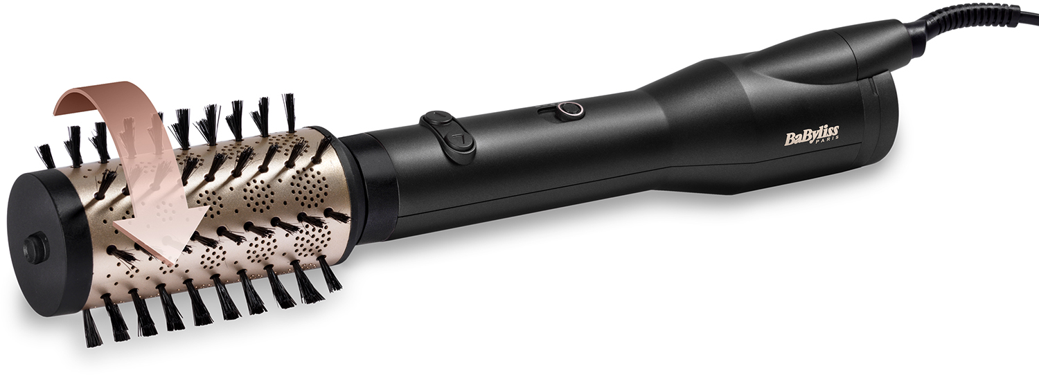 A black and gold Babyliss hair styler, with an arrow showing the brush rotation.