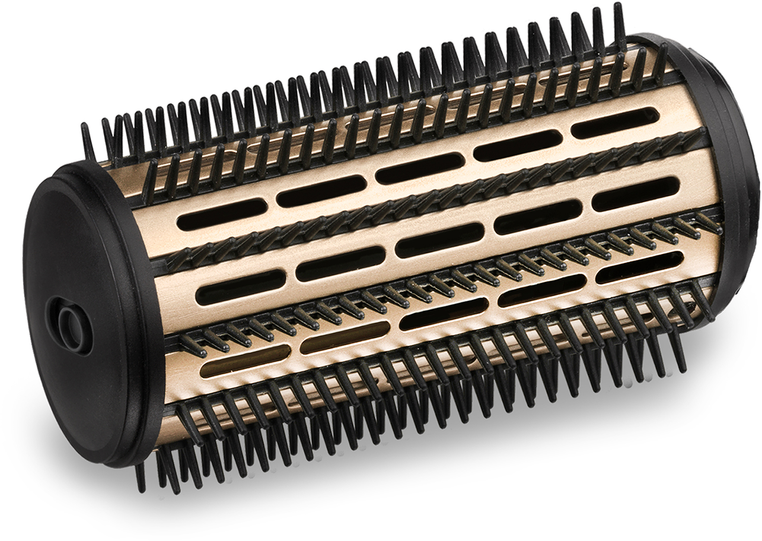 A gold and black hair dryer attachment with bristles. It is cylindrical and on a white background.