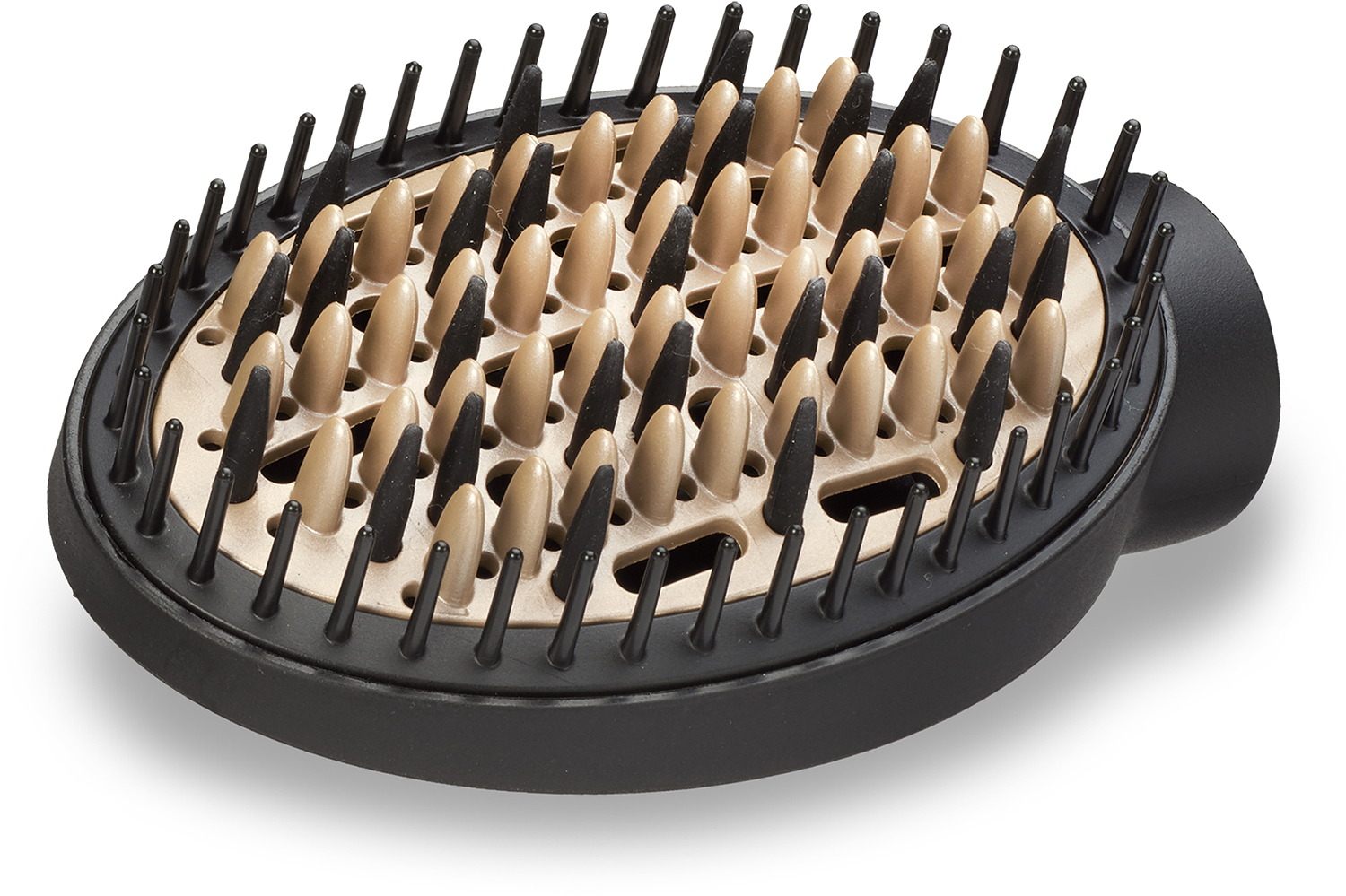 Close up of a hair styler brush head. Beige and black bristles. Black brush frame.
