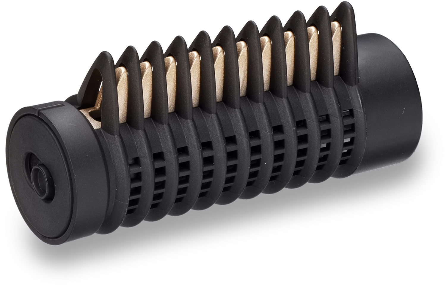 Black and bronze-colored cylindrical device with fins, likely a part of a heating element.