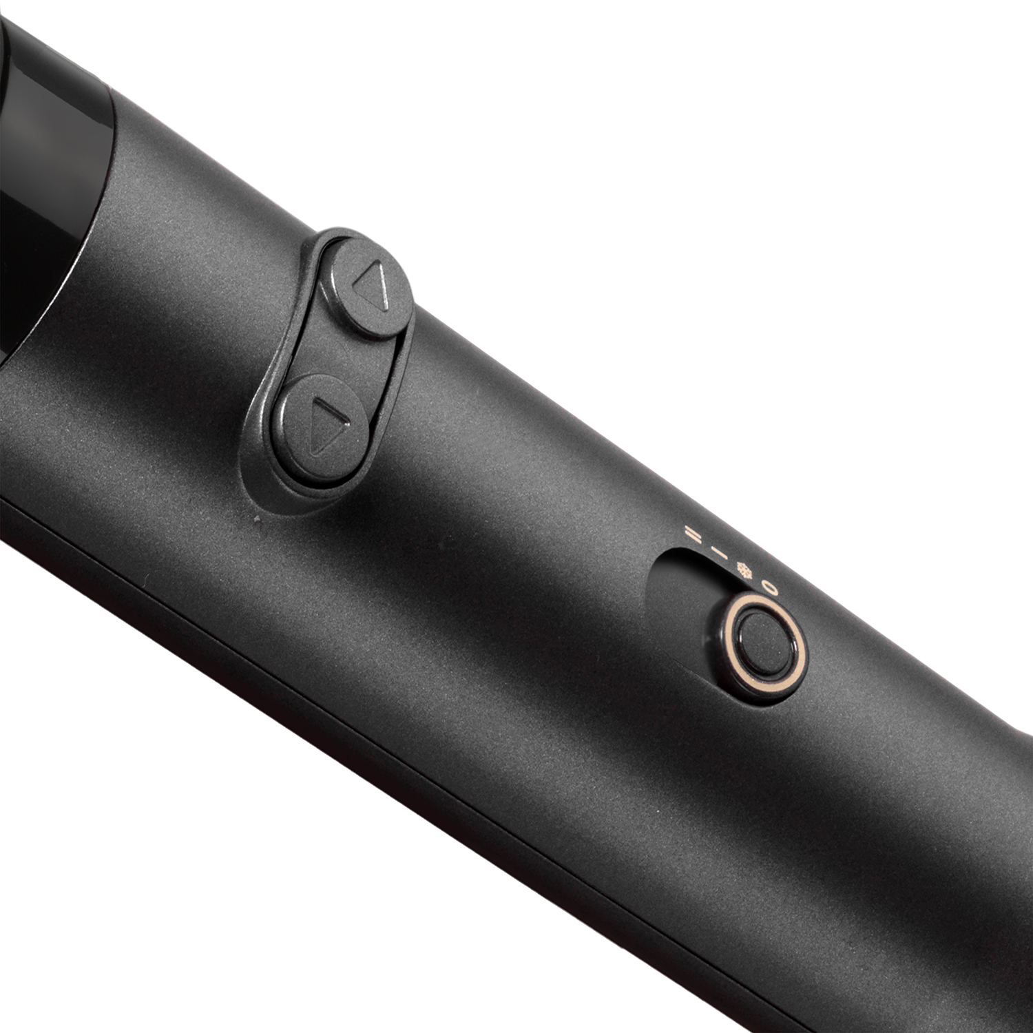 Close-up of a black hair styling tool with buttons and settings.