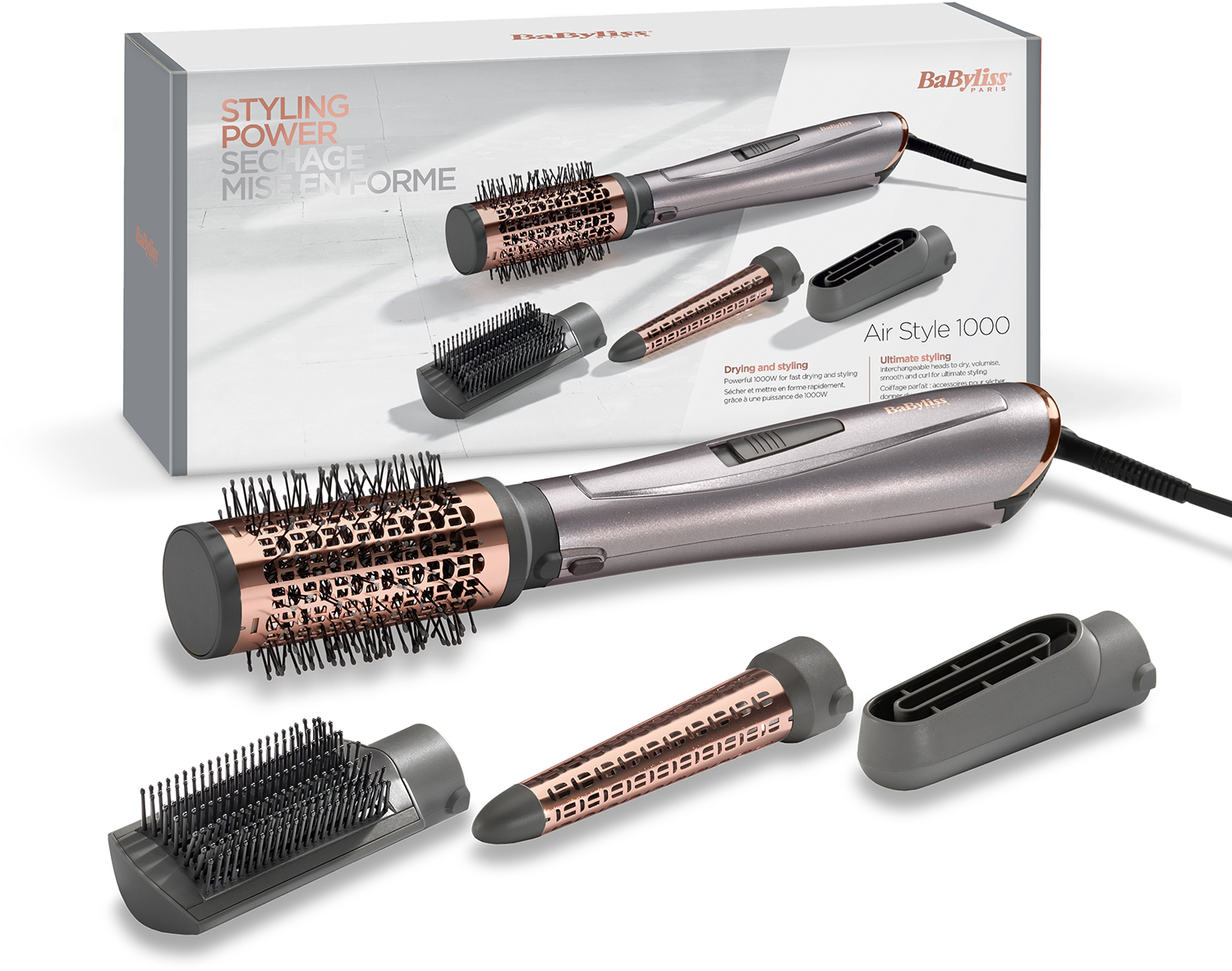 Een set Babyliss haarstylingtools. Het heeft een föhn en diverse opzetstukken met roségouden accenten.