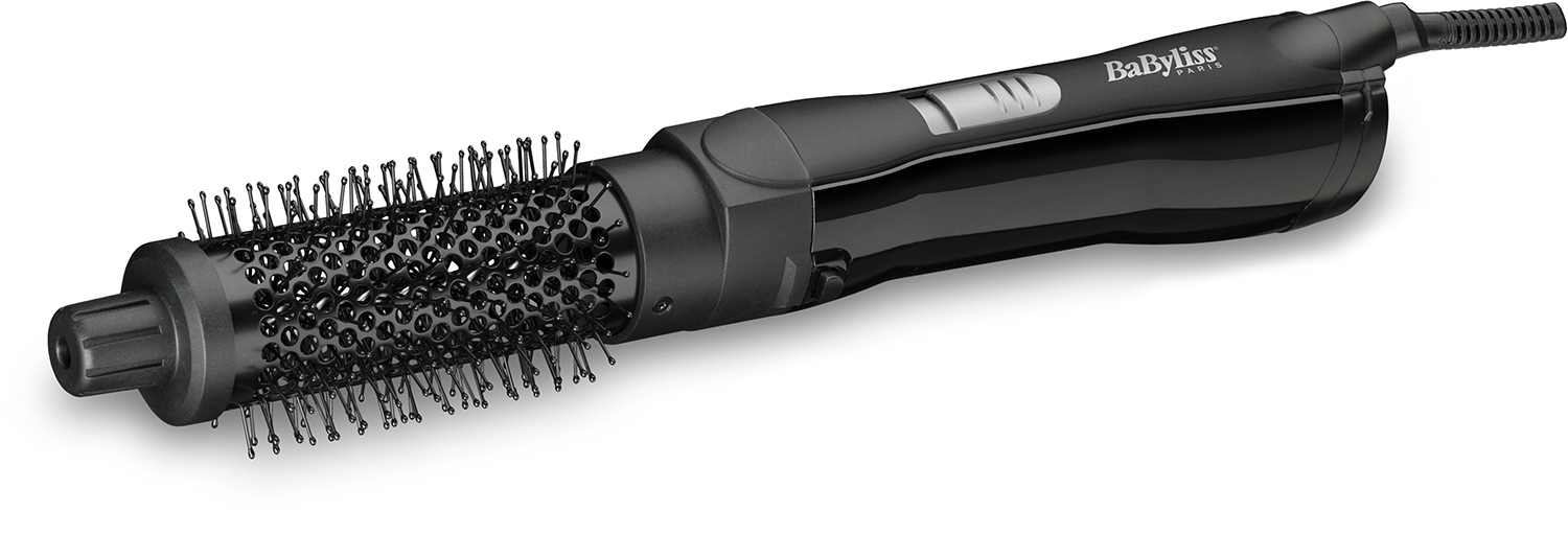 Black Babyliss hair styler with a rotating brush head. Angled view, white background.