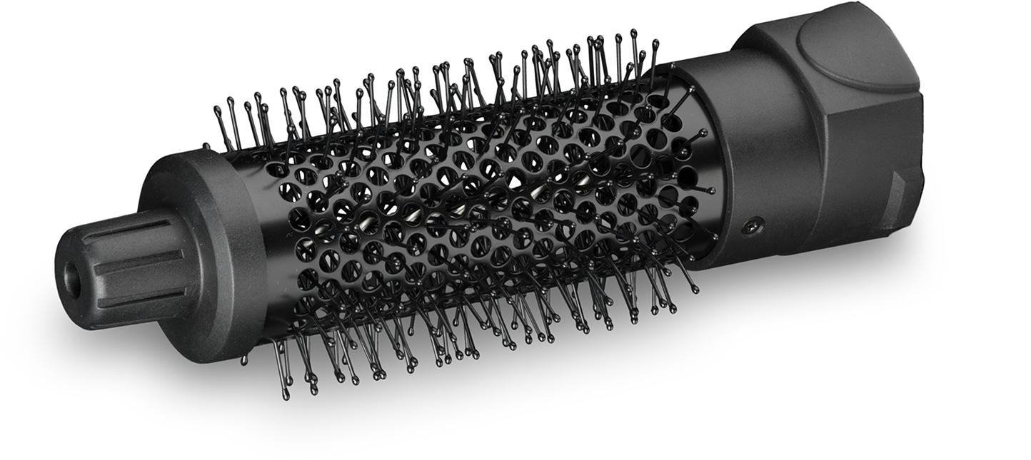 Black hair curling brush. It has bristles, a handle, and a textured design.