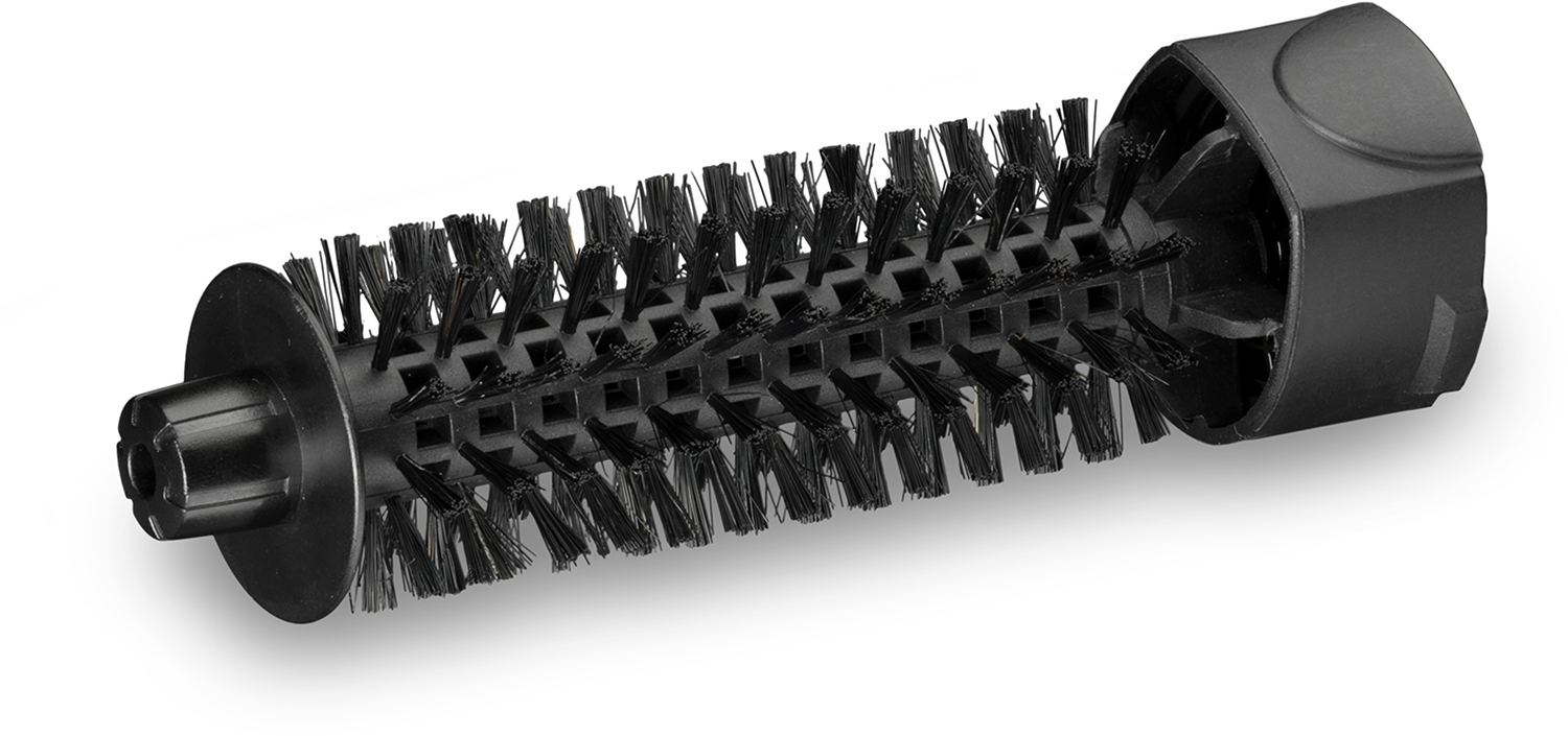 A black hair styling brush attachment for a hair dryer, with bristles and a rotating head.