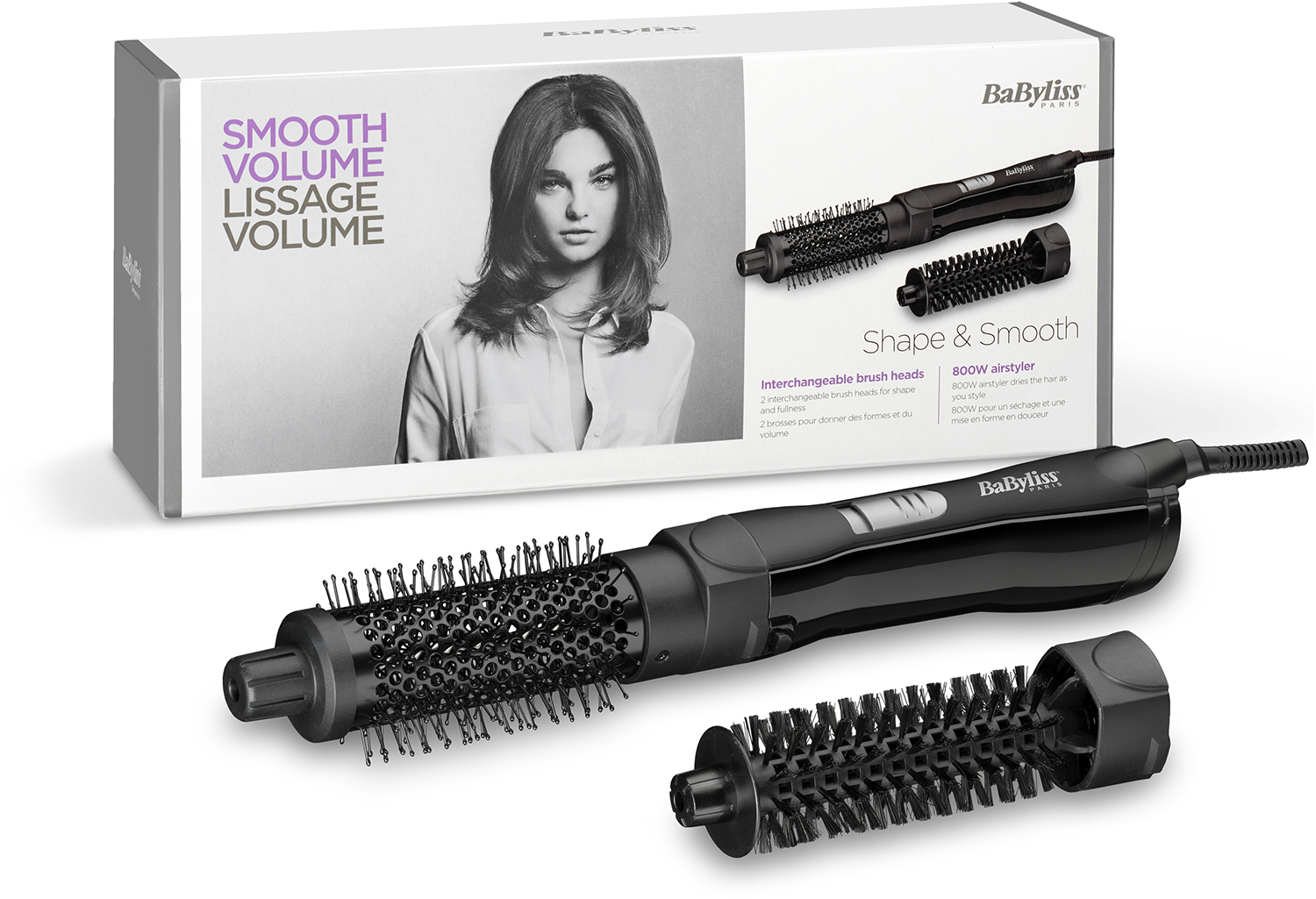 Black Babyliss hair styler with two brush attachments and a box with a woman's image.