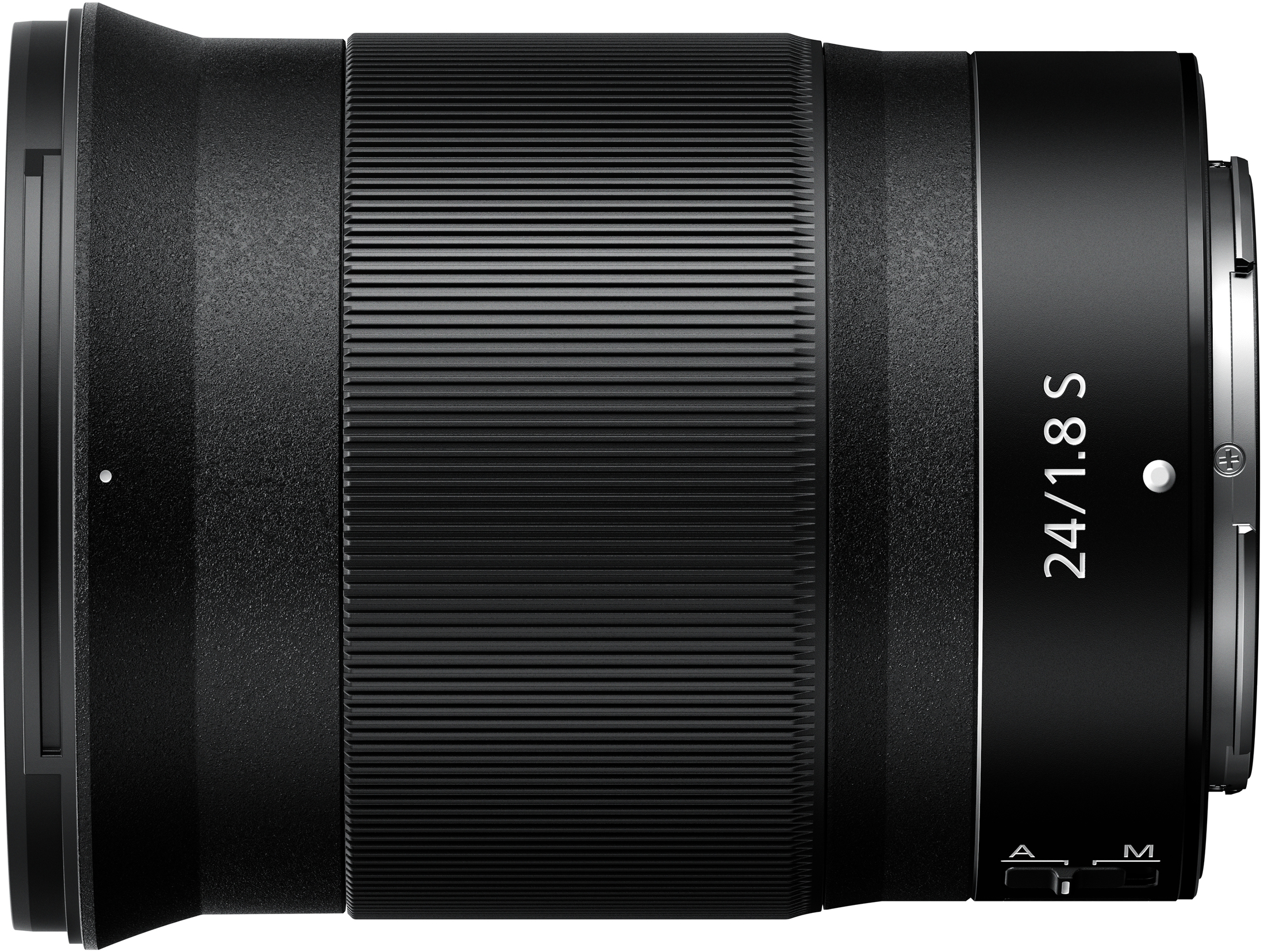 Ein schwarzes Nikon 24/1.8 S Objektiv mit geriffeltem Tubus und Bedienelementen.