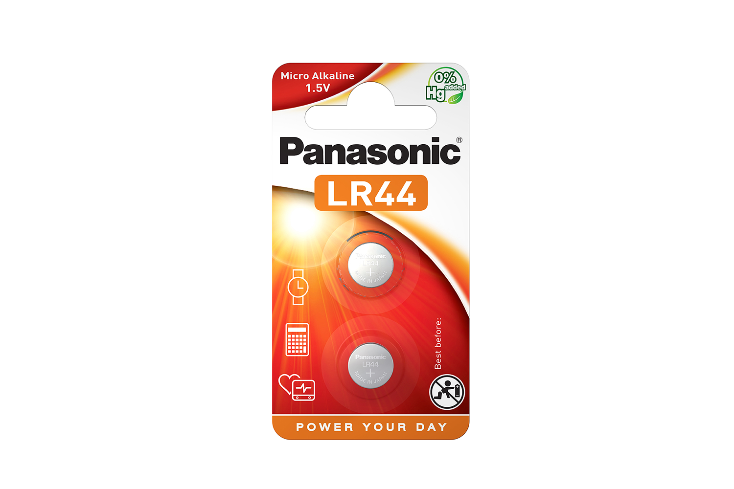 Een verpakking van twee Panasonic LR44-batterijen, met tekst en een afbeelding op een donkere achtergrond.
