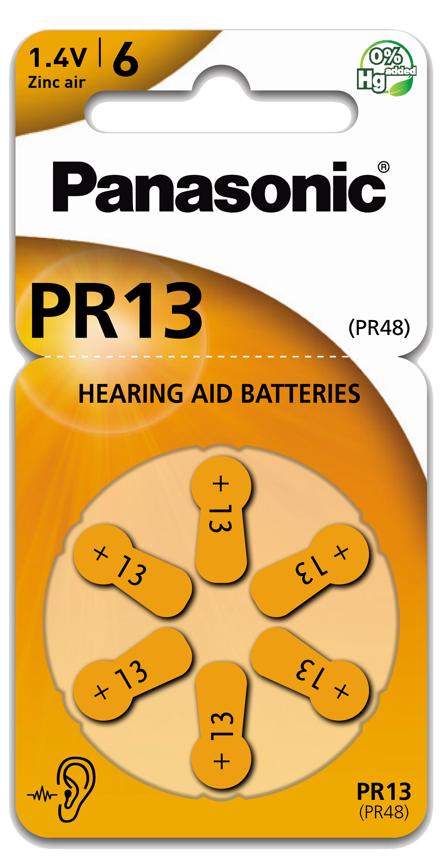 Hoortoestelbatterijen in een blisterverpakking, zes batterijen zichtbaar.