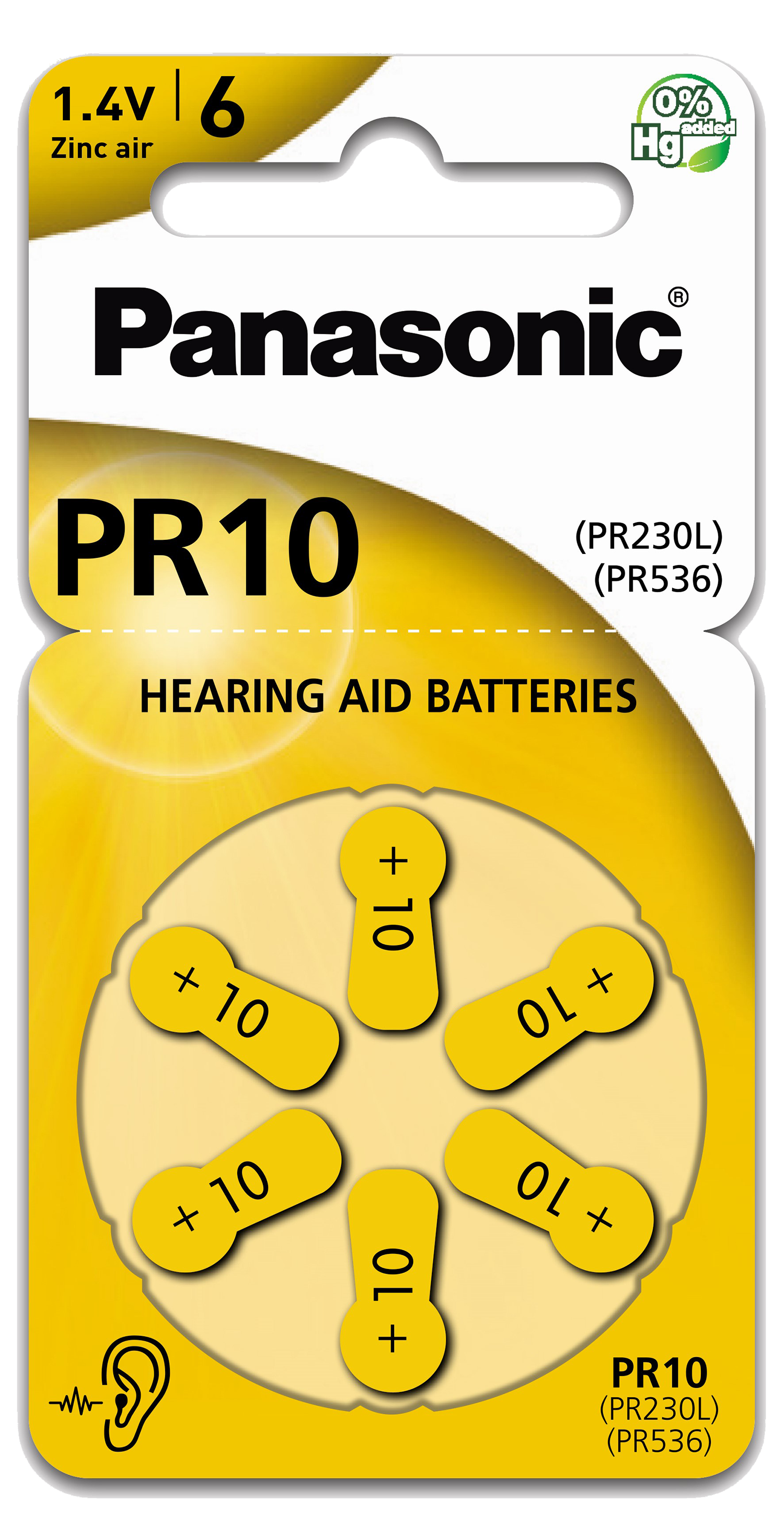 Gele verpakking voor hoortoestelbatterijen. Het heeft zes batterijen en tekst.