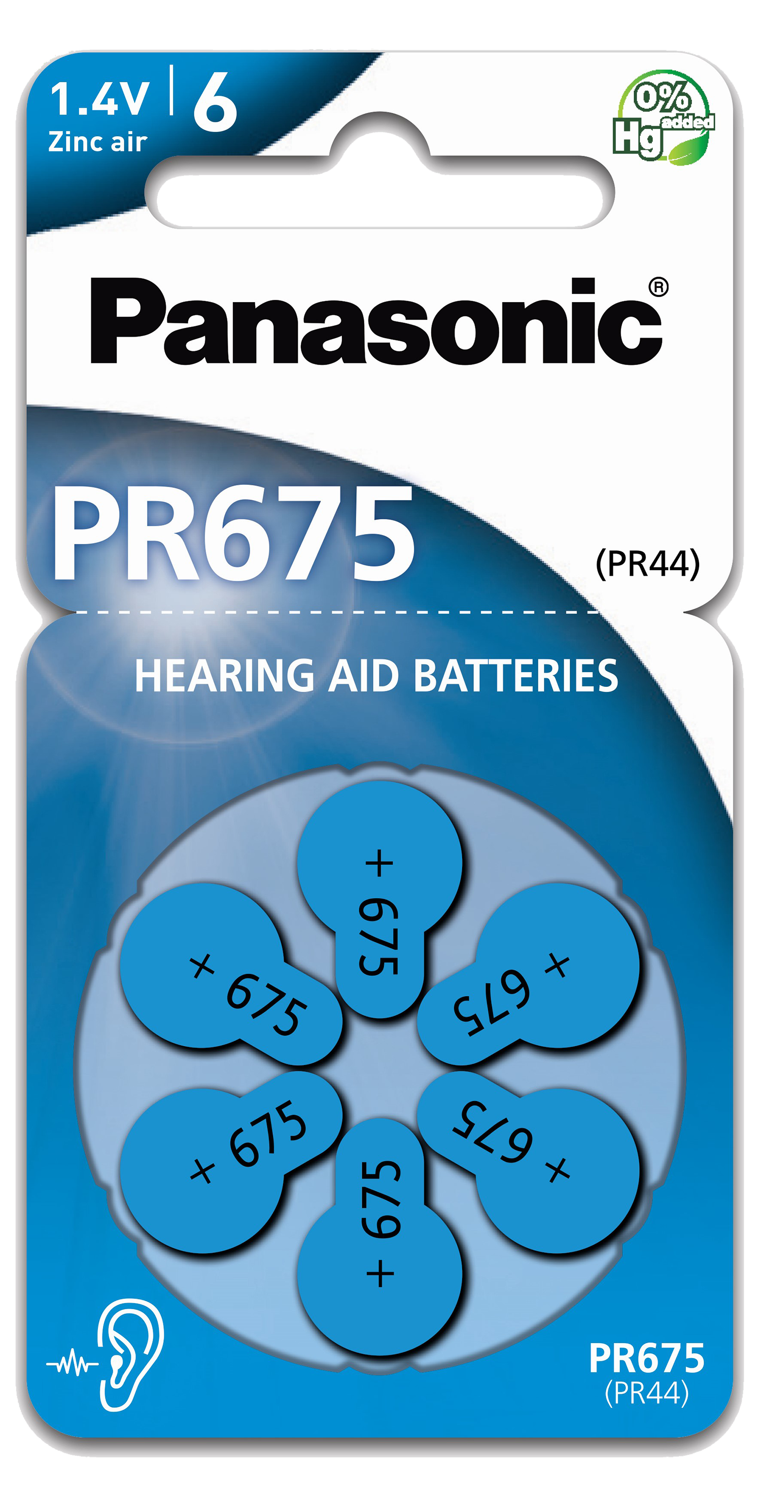 Een pakje hoortoestelbatterijen. De batterijen zijn blauw en gemarkeerd met nummers en het woord 'Panasonic'.