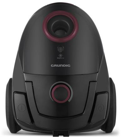 Ein schwarzer Grundig Staubsauger wird von vorne betrachtet.