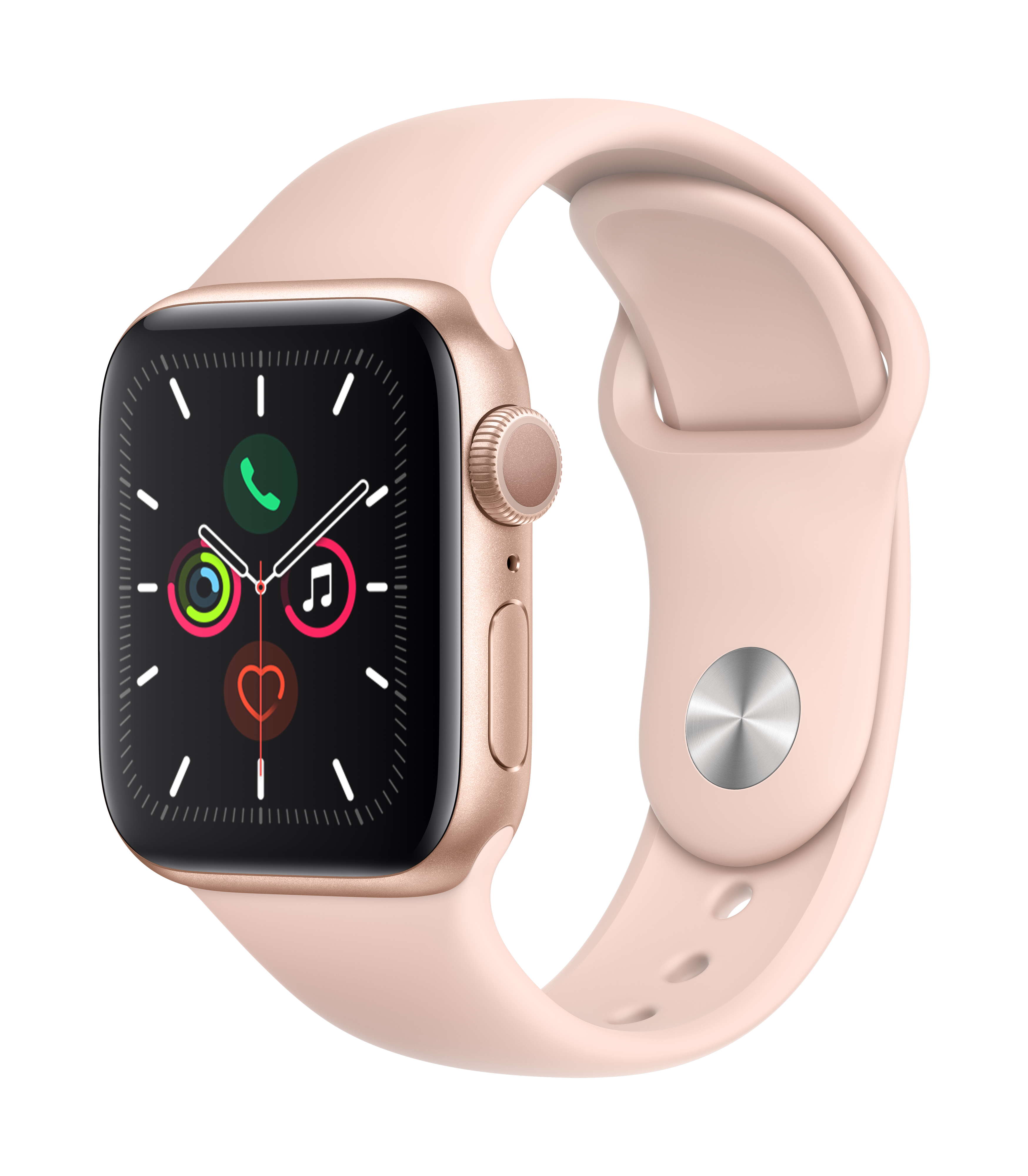 Apple Watch rózsaszín szíjjal és arany tokkal.