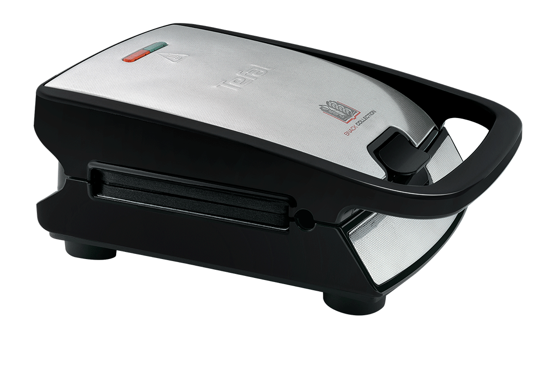 Tefal snackmaker. Het is zilver en zwart, met een rode en groene lichtindicator bovenop.