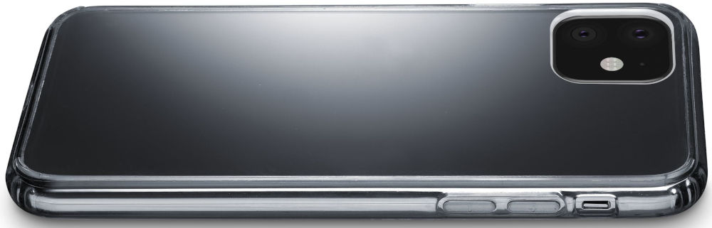 Zwarte telefoon met een doorzichtige hoes, achterkant, cameralenzen zichtbaar.