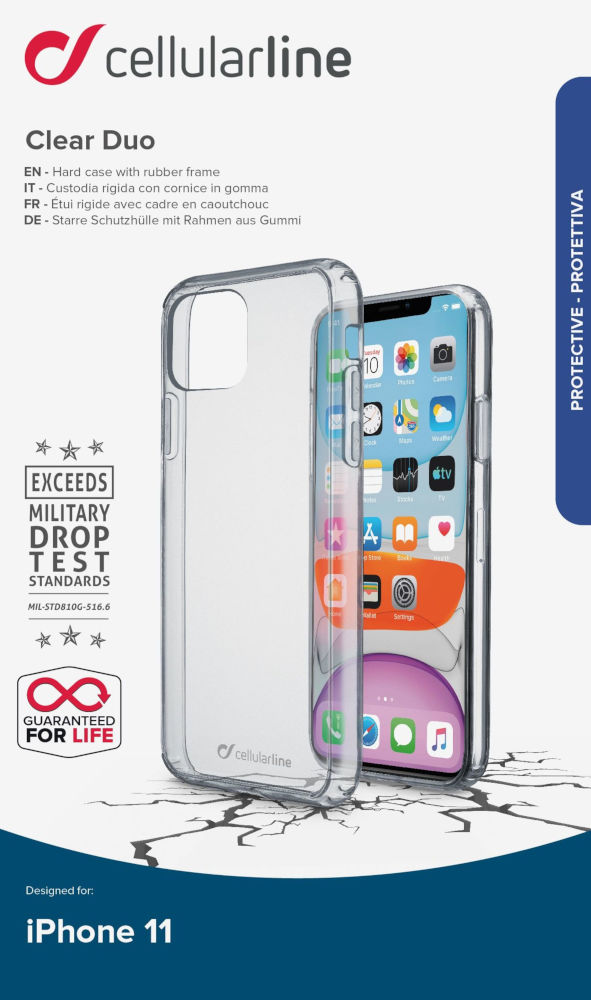 Transparante telefoonhoes met een telefoon erin, op een wit oppervlak, met tekst en logo.
