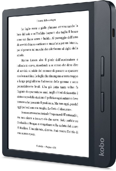 Lector electrónico con texto en pantalla, marco negro, fondo blanco, mostrando un libro.