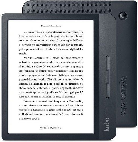 Lector electrónico negro mostrando texto. El dispositivo está sobre una superficie blanca con parte trasera negra.