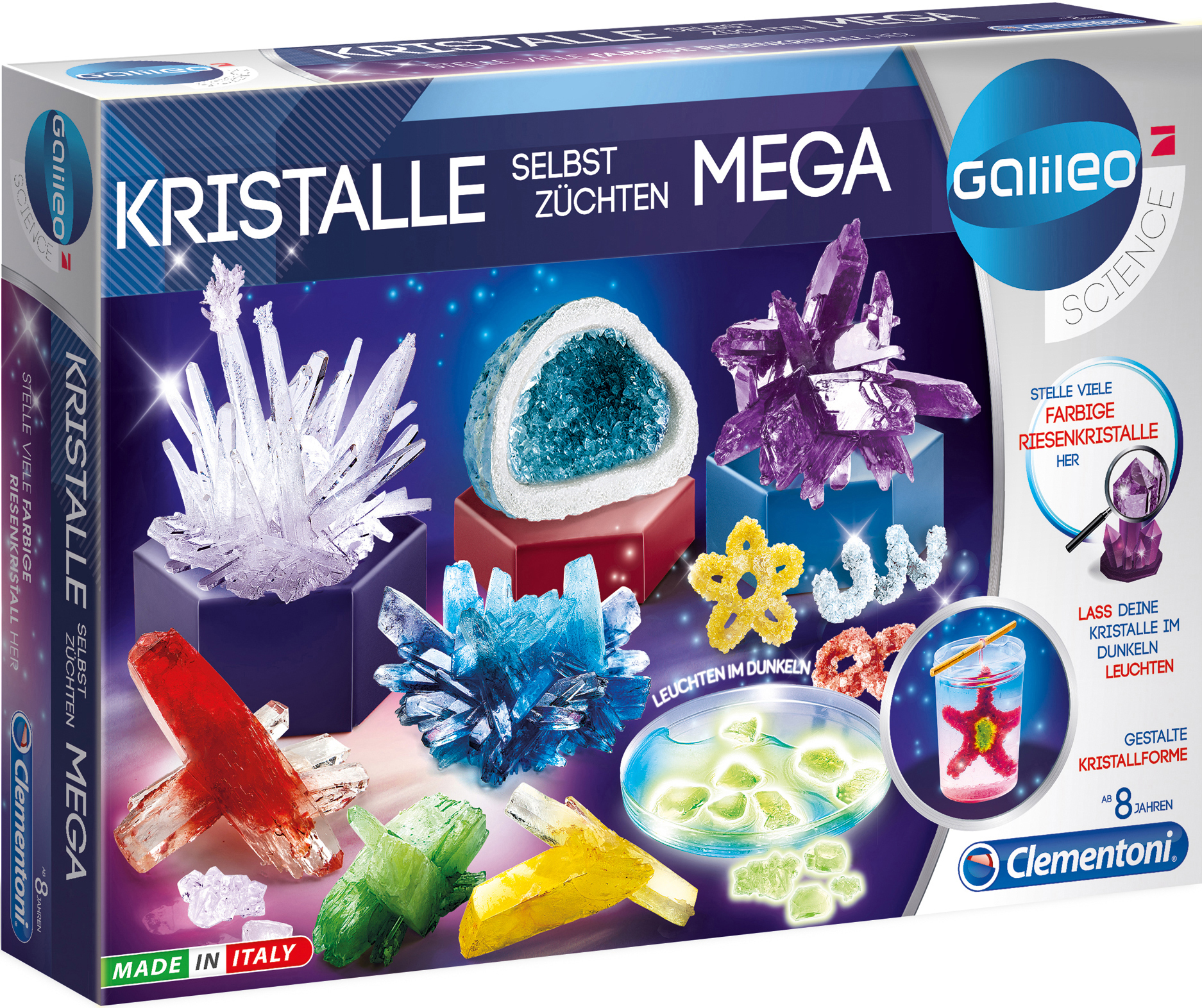 Eine Box mit einem Wissenschaftskit. Es enthält Kristalle in verschiedenen Formen und Farben.