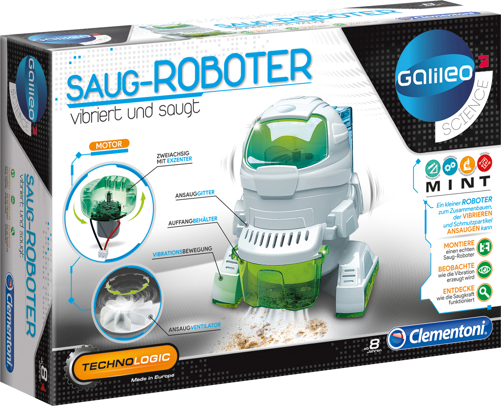 Box zeigt einen Reinigungsroboter mit Diagrammen. Enthält Text und Illustrationen des Roboters.