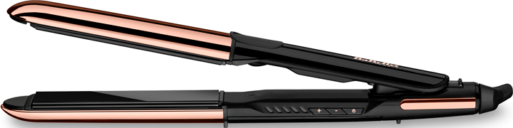 Piastra per capelli nera e oro rosa, aperta. Marchio Babyliss visibile.