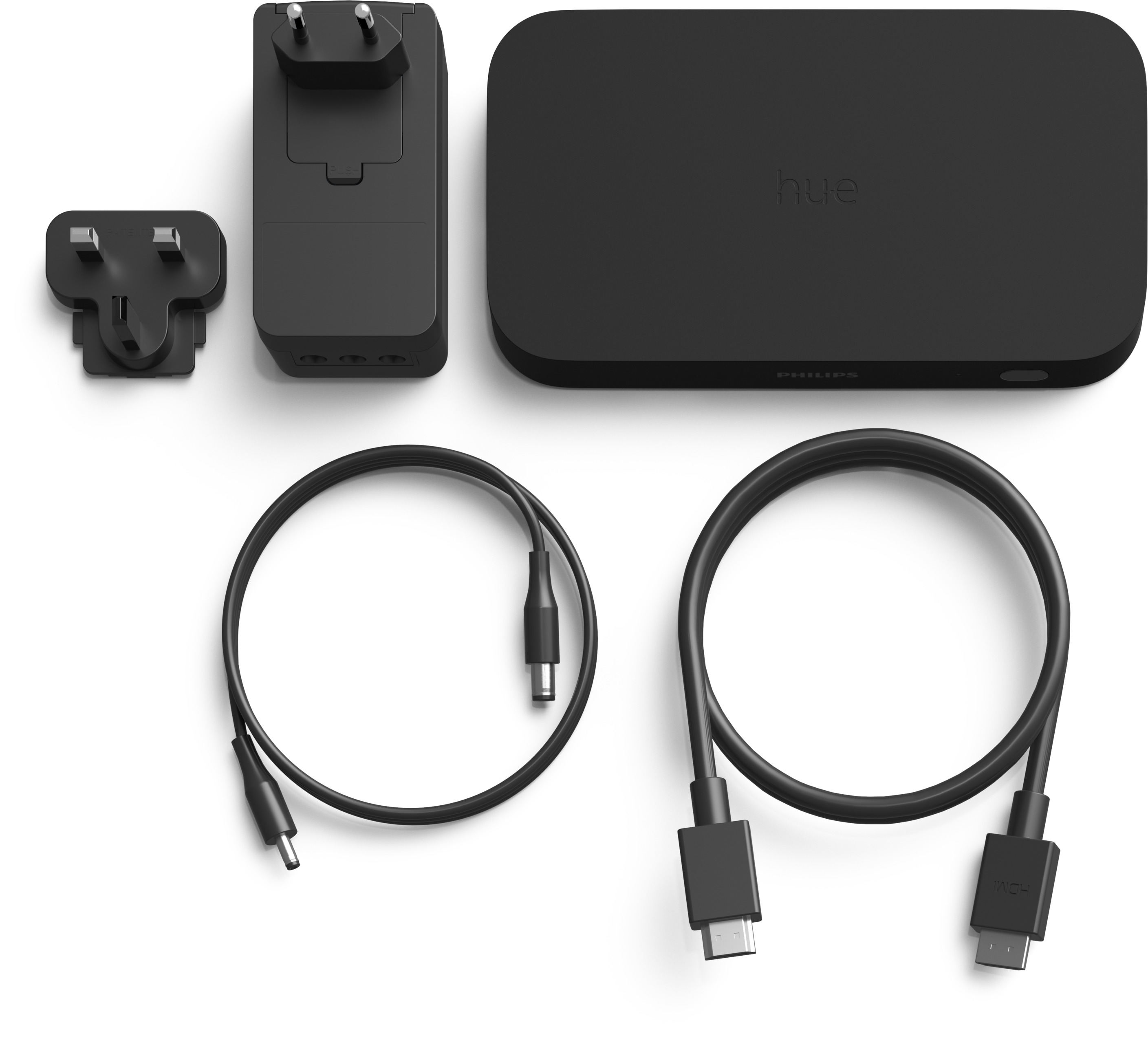 Schwarzes Philips Hue Smart Home Set. Enthält einen Hub, Netzteil und Kabel.