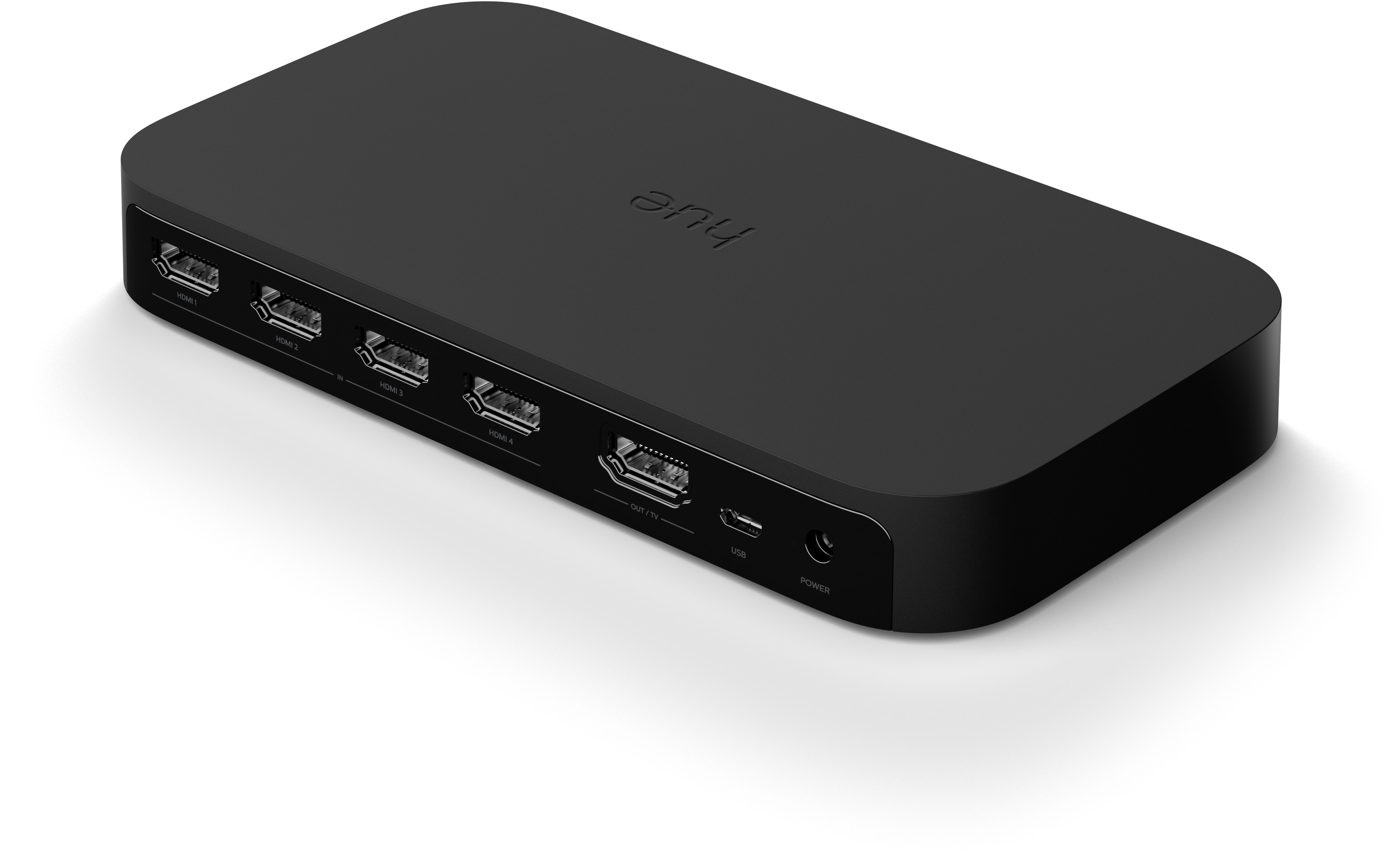 Schwarzes rechteckiges Hue-Gerät mit 5 HDMI-Anschlüssen, USB-Anschluss und Stromeingang, weißer Hintergrund.