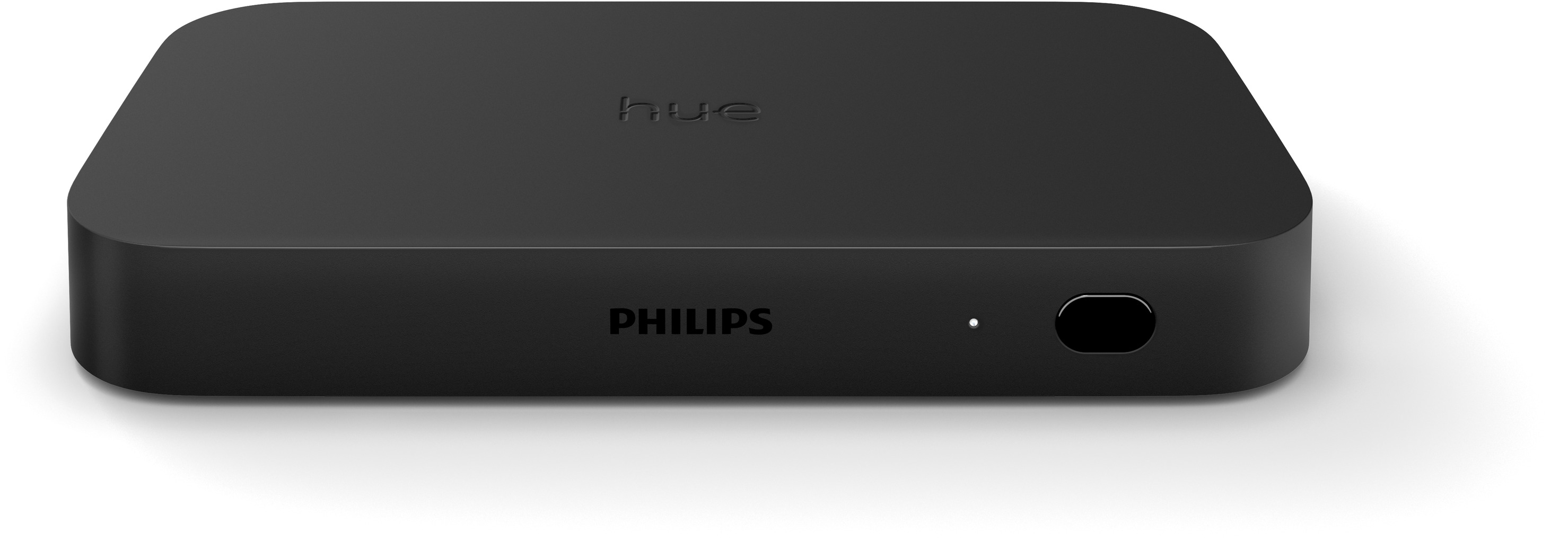 Ein schwarzes Philips Hue Gerät mit dem Markennamen oben.