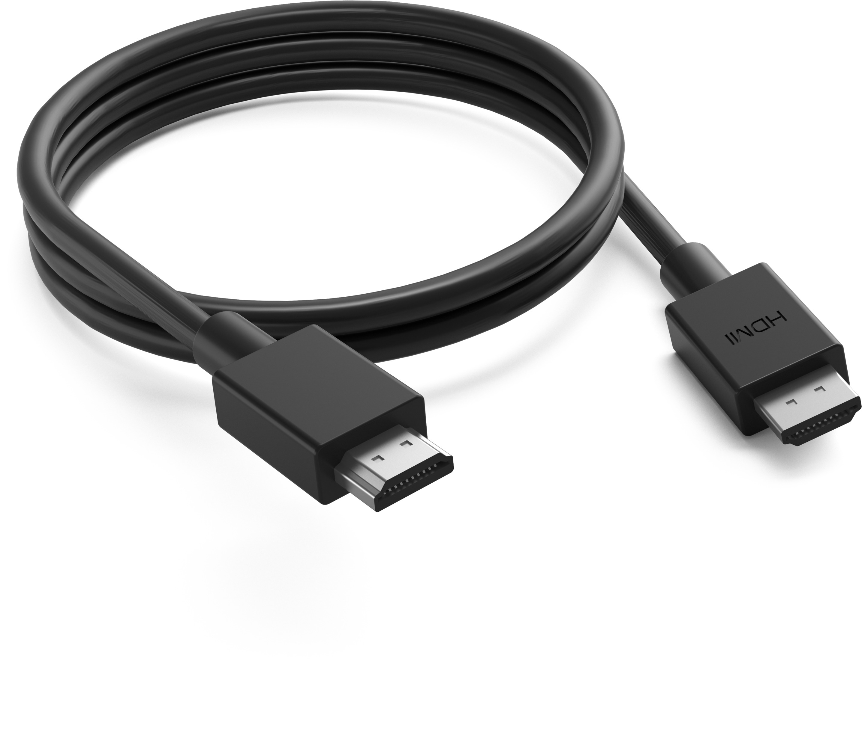 Schwarzes HDMI-Kabel mit Anschlüssen an beiden Enden, isoliert auf weißem Hintergrund.