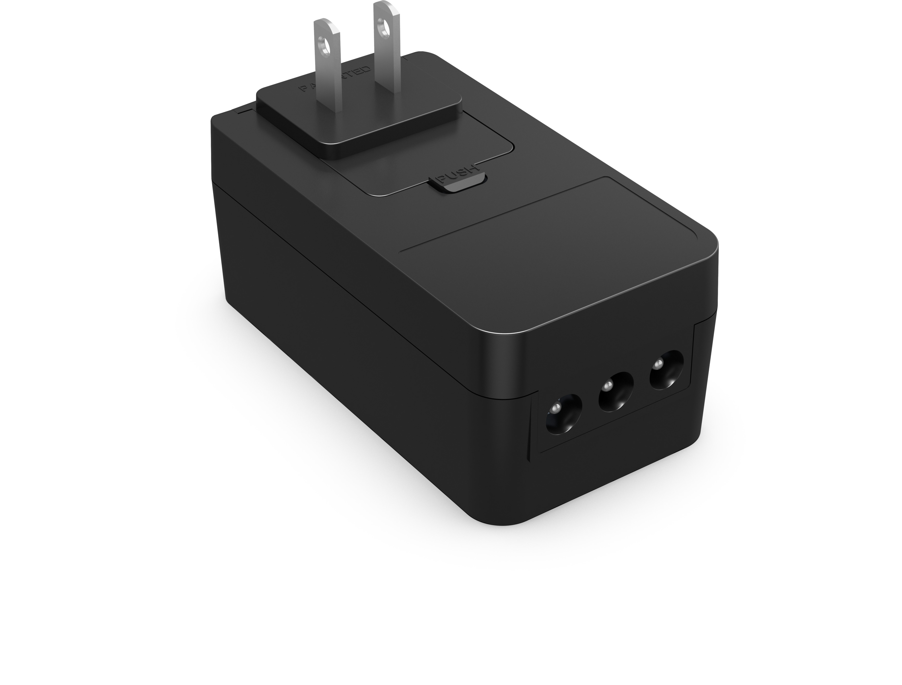 Ein schwarzer Netzadapter mit US-Stecker auf weißem Hintergrund.